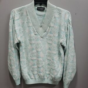 Tony Lambert Vintage Aqua and Ivory V-Neck Sweater, M